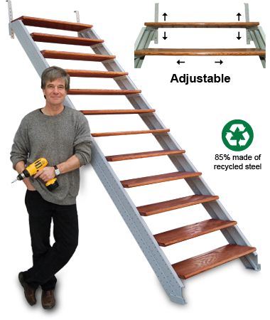 Assembled stair stringer kit demonstration Stair Stringer Calculator, Stairs Entryway, Deck Stair Stringer, Stairs Metal, Garage Stairs, Stair Kits, Entryway Stairs, Stairs Stringer, Open Stairs