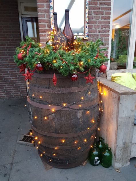 Wine Barrel Ideas, Whiskey Barrel Decor, Wine Barrel Decor, Christmas Blow Up, Barrel Ideas, Barrel Decor, Holiday Party Themes, Cabin Christmas, Christmas Blessings