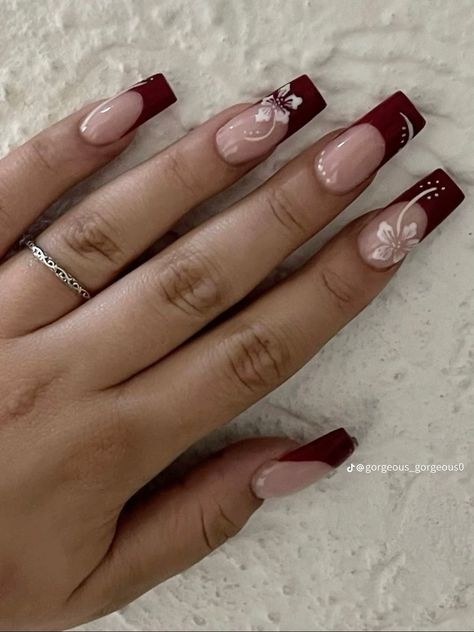 Square Nail Designs Burgundy, Red And White Hibiscus Nails, Dark Red Nail Designs Coffin, Sweet 16 Nails Acrylic Red, Nails Acrylic Hibiscus, Nail Inspo Coffin Medium Design, Nail Inspiration For Beginners, Burgundy Nails With Flowers, Summer To Fall Nails Short