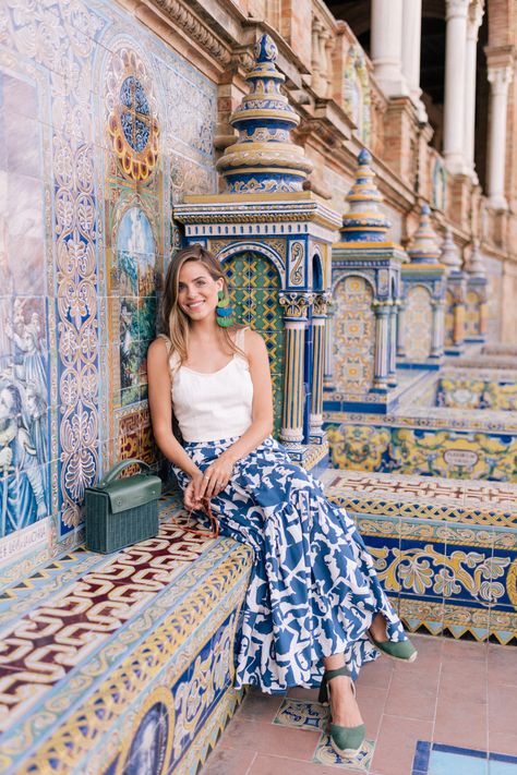 Golden Morning Glow At Plaza de España, Seville - Julia Berolzheimer Golden Morning, Spain Outfit, Castaner Espadrilles, Spain Trip, Spain Fashion, Julia Berolzheimer, Trip Outfits, Seville Spain, Gal Meets Glam