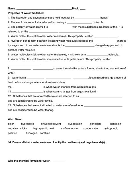 Properties of Water Worksheet Properties Of Water Activities, Properties Of Water Notes, Water Worksheet, Biology Activities, Water Properties, Teaching Yearbook, Water Lessons, Biology Experiments, Properties Of Water