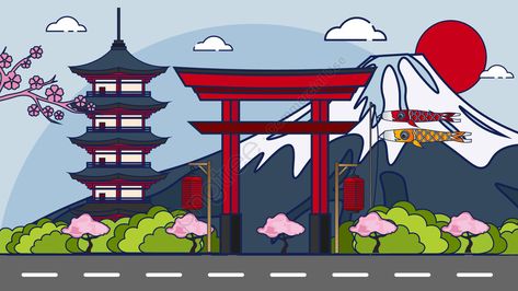 Japanese city buildings vector illustration illustration image Gunung Fuji, Flor Tattoo, Japan City, Japanese Buildings, Tree Drawings Pencil, Monte Fuji, Japan Illustration, Ikan Koi, City Vector