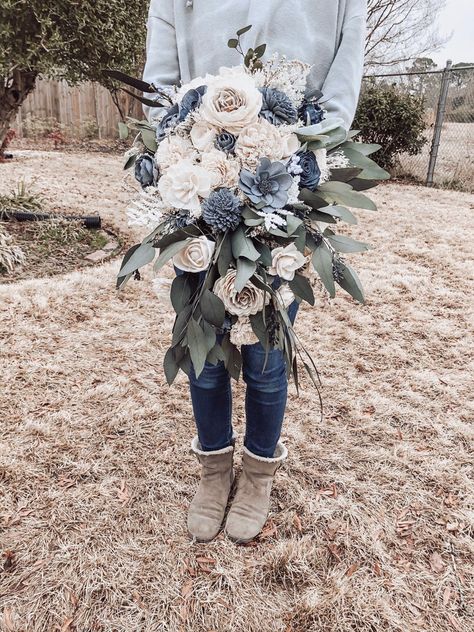 Forever Flower Bouquets, Wooden Flower Bouquet, Forever Flower, Wood Flower Bouquet, Cascading Bridal Bouquets, Preserved Eucalyptus, Blue Wedding Bouquet, Boho Wedding Bouquet, Cascade Bouquet