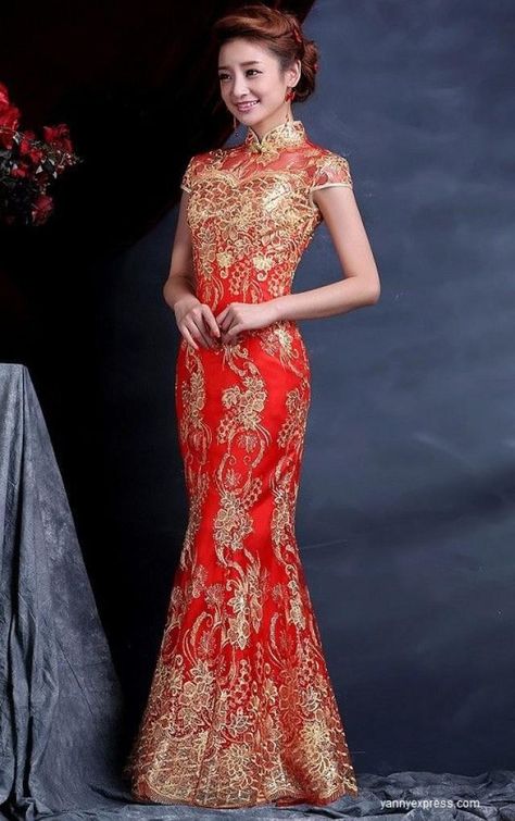 Vestido de Maya. Chinese Gown, Chinese Wedding Dress Traditional, Wedding Qipao, Traditional Chinese Wedding, Red Wedding Dress, Chinese Wedding Dress, China Dress, Cheongsam Dress, Gowns Of Elegance