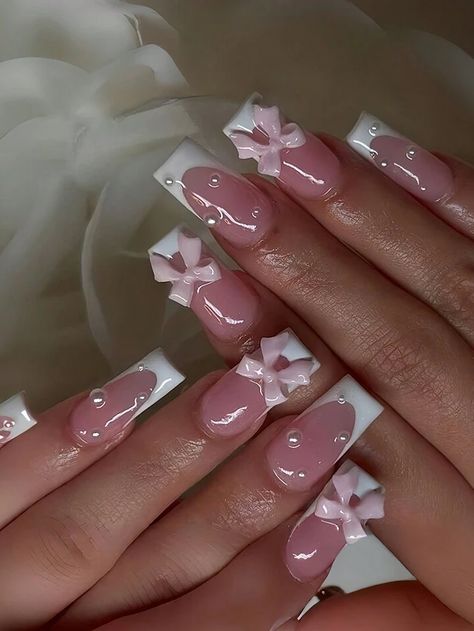 24pcs Medium-Long French False Nails, White & Pink Pearl Beaded, Bowknot Decor, Square & Coffin Shaped Nails + 1pc Jelly Glue + 1pc Nail File | SHEIN USA Simple Nail Designs French Tip Square, French Tip Designs Acrylic Square, Medium Nails Acrylic French Tip, Nails Ideas Square Medium, Square Pink And White Nails, Nail Ideas Medium Square, Pink And Pearl Nails, White Nail Designs Square, Coffin Shaped Nails Designs