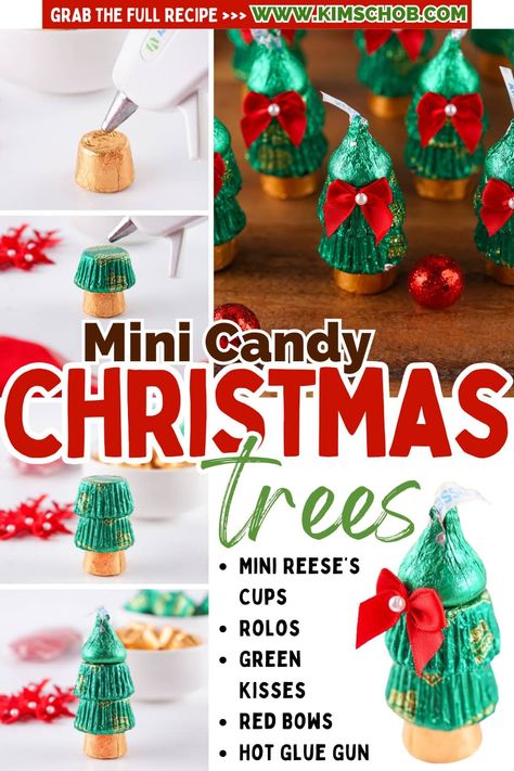 Crafting mini candy Christmas trees with Reeses, Rolos, kisses, and bows. Reese’s Peanut Butter Cup Christmas Trees, Dye Free Christmas Treats, Kids Christmas Party Treats, Diy Christmas Treats For Kids, Class Christmas Treats, Preschool Christmas Treat, Christmas Treats For School, Christmas Candy Table, Kids Christmas Parties