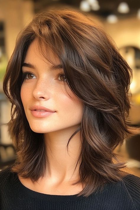 Feathered Layers with a Rich Brunette Glow, medium-length hairstyle with beautiful hair colour Feathered Medium Length Hair, Mid Length Brown Hair With Layers, Medium Length Choppy Layers, Feather Cut For Medium Hair, Feathered Hairstyles Medium, Feathered Layered Hairstyles, Hair Poof, Collarbone Length Hair, Medium Length Layered Haircuts