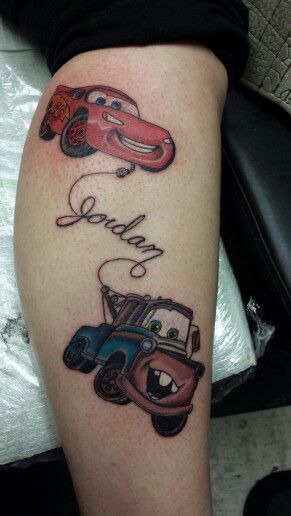 Lightning and Mater. Disney Cars Tattoo Ideas, Lightning Mcqueen Tattoo, Chloe Tattoo, Boy Mom Tattoo, Cartoon Logic, Flash Mcqueen, Queen Tattoo, Car Tattoos, Dad Tattoos