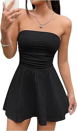 MakeMeChic Women's Party Tube Top Dress Strapless Mini Dress Ruched A Line Flare Ruffle Going Out Short Dress Tube Prom Dress, Summer Tube, Tube Top Dress, Mini Short, Strapless Mini Dress, Short Mini Dress, Ladies Party, Top Dress, Stunning Dresses