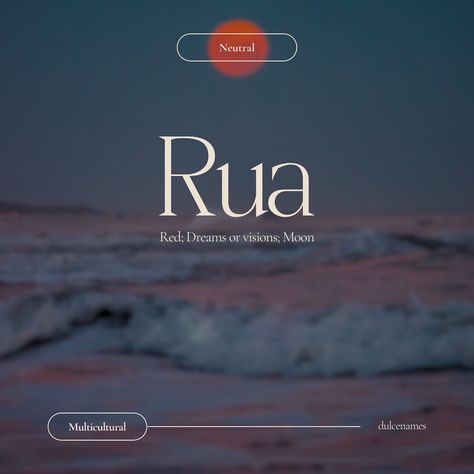 Rua /ROO-ah/ Rank: not ranked (US)(2023) Meaning: red; dreams or visions; affection for the moon or gentle heart (depending on characters); two or second Origin: Irish (Ruadh), Arabic, Japanese, and Māori Category: Surname (Ireland) Famous Bearers: • Rua Tipoki: former rugby union player from New Zealand known for his contributions to the sport • Rua Paul: rugby union player from New Zealand • Rua Kenana Hepetipa: Maori self-proclaimed prophet • Rugila or Rua: warlord who united the Hun... Second Names, Raven Name Meaning, Storm Names, Raya Name Meaning, Names Meaning Storm, Raina Name Meaning, Islamic Baby Names, Irish Names, Baby Name Announcement