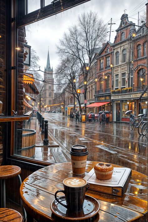 Relax and enjoy the rainy street scene Cafe Winter Aesthetic, Rainy Fall Aesthetic Wallpaper, Winter Cafe Aesthetic, Fall Cafe Aesthetic, London Fall Aesthetic, Emmacore Aesthetic, London Cafe Aesthetic, Fall Bookstore, Autumn Coffee Aesthetic