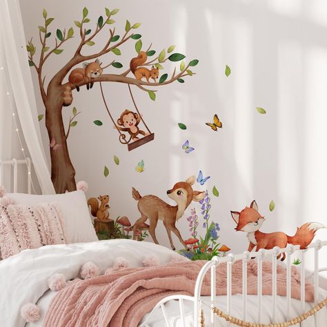 PRICES MAY VARY. Cute woodland animals wall art! Includes tree, flowers, butterflies, mushrooms, and many baby animals such as monkey, raccoon, squirrel, fox, deer, and more. Easy to add a lot of fun to your walls. Material: Vinyl. Non-toxic, environmental protection, waterproof. Easy to apply, remove and reuse without leaving damage or residue. Very easy to assemble and great focal point in your baby nursery, kids room, classroom, bedroom, baby girls and boys room. It can be stuck to walls, fur Wall Stickers Nursery, Woodland Animal Wall Art, Wall Decor Birthday, Animal Baby Room, Jungle Tree, Wall Art Decals, Classroom Wall Decor, Kids Bedroom Inspiration, Forest Baby