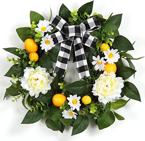 AmazonSmile: Adeeing 20 Inch Lemon Wreath for Front Door, Spring Summer Wreath with Artificial Lemon Peony Flower and Bow, Grapevine Wreath Farmhouse Lemon Decor for Home Kitchen Party Wall Window Indoor Outside : Home & Kitchen Front Door Spring, Spring Summer Wreath, Buffalo Plaid Ribbon, Kitchen Party, Lemon Wreath, Party Wall, Outdoor Wreaths, White Peony, Lemon Decor