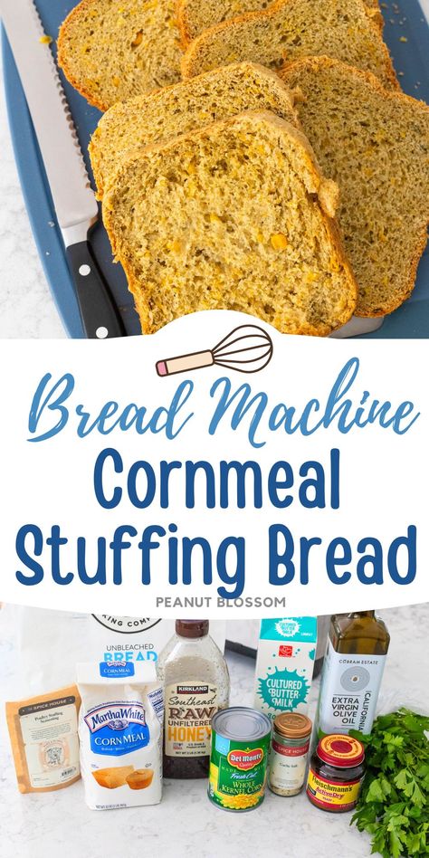 Bake a loaf of this hearty cornmeal stuffing bread in your bread maker and turn it into stuffing croutons for your cornbread dressing this holiday. This is an excellent side dish for Thanksgiving or Christmas and it can be prepped ahead and frozen in advance. Stuffing Croutons, Stuffing Bread, Cornbread Loaf, Easy Dinner Side Dishes, Dessert Loaf, How To Make Cornbread, Peanut Blossoms, Rice Pilaf Recipe, Peanut Gallery