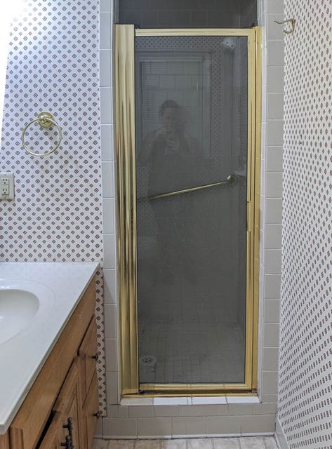 Updating Shower Stall, How To Make A Small Shower Feel Bigger, Small Shower Update, Diy Bathroom Shower On A Budget, Small 70s Bathroom Remodel, Old Shower Door Makeover, Small Shower Makeover, Old Shower Makeover, Small Shower Remodel On A Budget