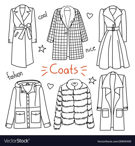 Coat Illustration, Cartoon Drawing For Kids, January Fashion, Fashion Sketch Template, White Doodle, Fashion Drawing Sketches, Fashion Design Sketch, Clothing Sketches, Coats Fashion