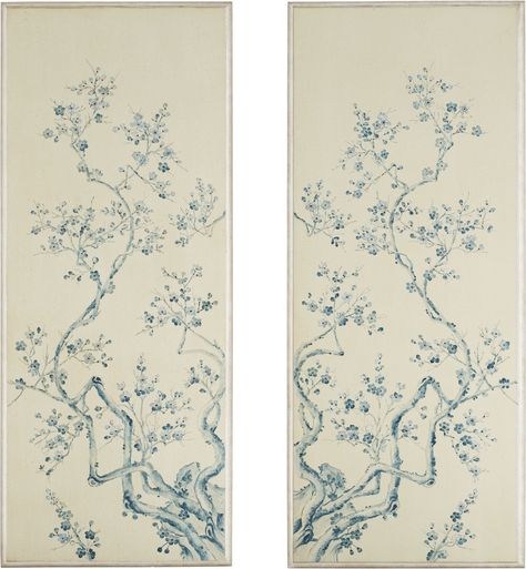 Chinoiserie Panels, White Wood Paneling, Flowering Branches, Flowering Tree, Indigo Floral, Leaf Border, Art Deco Posters, Colored Background, Wood Panel Walls