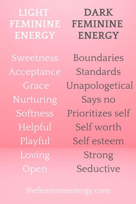 Balance Of Light And Dark, Different Types Of Feminine Energy, Dark And Light Feminine Aesthetic, Light Femine Energy, Feminine Energy Habits, Dark Feminine And Light Feminine, Light Feminine And Dark Feminine, Fenimine Energy, Dark Feminine Colors