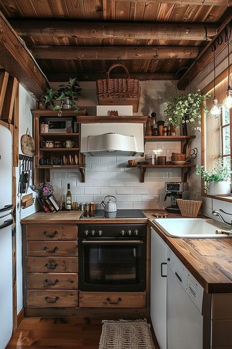 Clever Storage Solutions for Tiny Cottage Kitchens - Quiet Minimal Square Kitchen Layout, Tiny Cabin Kitchen, Small Cottage Kitchen Ideas, Tiny Cottage Kitchen, Cottage Kitchen Ideas, Small Cottage Kitchen, Kitchen Layouts, Square Kitchen, Tiny Cottage