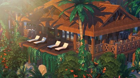 Sims 4 Jungle House, Sims4 Houses, Sims4 Builds, Sims Design, Waterfall House, Sims 4 Build Ideas, Sims 4 House Ideas, Beach Mansion, Jungle Resort