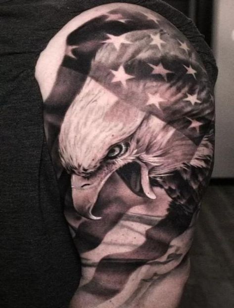 50 Eagle Tattoos: Symbolism, Culture and Design | Art and Design Men’s Patriotic Tattoos, Army Tattoo Sleeves, Eagle Holding Flag Tattoo, Eagle Flag Tattoo Men, Patriotic Tattoo Sleeve Ideas For Men, Patriotic Tattoo Designs, Take Chances Tattoo, Eagle Flag Tattoo Design, Patriotic Sleeve Tattoo For Women