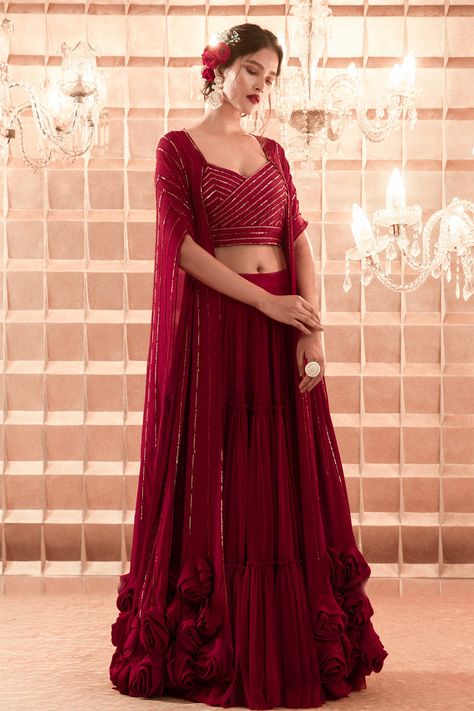 Buy Charu and Vasundhara Maroon Silk Embroidered Lehenga Set With Cape Online | Aza Fashions Charu Vasundhara, Red Capes, Maroon Lehenga, Jacket Lehenga, Cape For Women, Lehenga Design, Simple Lehenga, Reception Lehenga, Long Gown Design