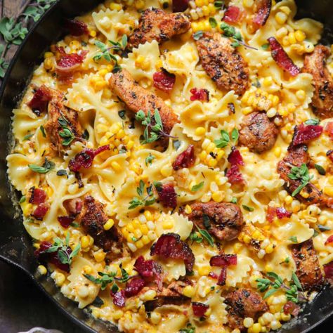 Creamy Chicken and Corn Pasta with Bacon Recipe - Cheff Recipes Chicken And Corn Pasta, Bacon Corn Pasta, Creamy Chicken And Corn Pasta With Bacon, Bacon Recipes For Dinner, Pasta With Bacon, Bacon Corn, Chicken And Corn, Chicken Bacon Pasta, Corn Pasta