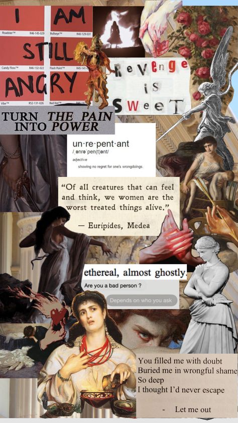 all of the women before me are in my blood, and they are all. still. angry. #medea #greekmythology #feminism #smashthepatriarchy #art #greekart #feminineenergy Medea Greek Mythology Aesthetic, Female Rage Collage, Woman Rage Art, Medea Aesthetic, Medea Greek Mythology, Angry Woman Aesthetic, Medea Play, Angry Goddess, Women In Greek Mythology