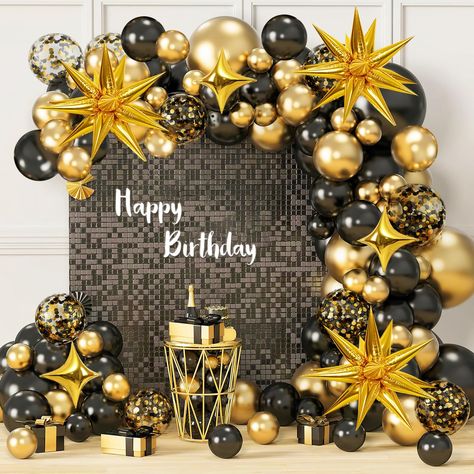 PRICES MAY VARY. Black and gold balloons: Contains 2*18in metal balloons, 10*12in metal balloons, 15*10in metal balloons, 20*5in metal balloons, 2*18in black balloons, 18*12in black balloons, 20*10in black balloons, 25*5in black balloons, 5*12 inch confetti balloons, 3*22 inch starburst aluminum film balloons, 3*10 inch gold four-pointed star balloons, 1 gold ribbon, 1 balloon chain , 1 glue dot. Material: Gold and black balloons are made of thick natural latex that you can reuse at your next pa Man 30th Birthday Ideas, Gold And Black Balloons, Birthday Balloon Garland, Gold Theme Party, Black And Gold Party Decorations, Black And Gold Party, 70th Birthday Decorations, Birthday Decorations For Men, Black And Gold Balloons