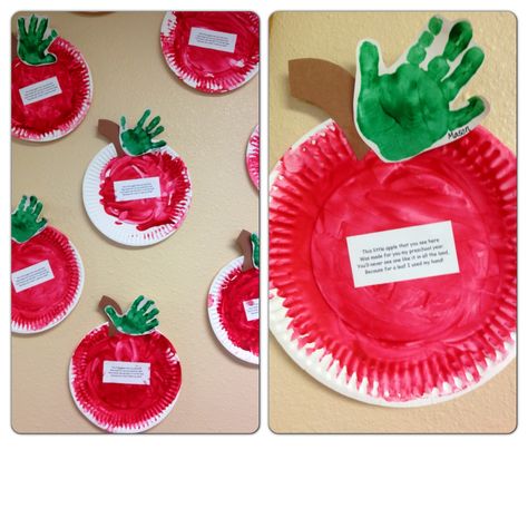 Paper plate apples- fingerpainted with handprint leafs by my two year old class Crafts For Two Year Olds, Preschool Apple Theme, Toddler Craft, Apple Preschool, Apple Activities, Apple Craft, Back To School Crafts, Fall Preschool, Apple Theme