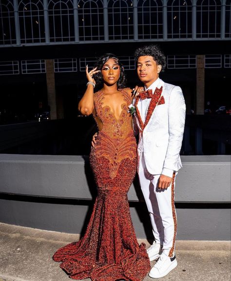 Burnt Orange Prom Dress Black Couple, Prom Color Combos, Burnt Orange Prom Dress, Prom Orange, Guys Prom Outfit, 2enior Ye4r, Guys Prom, Balloons Pictures, Prom 2k24