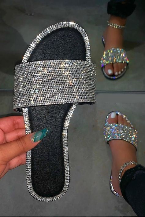 Pu Slippers, Diamond Sandals, Ladies Slides, Glitter Flats, Purple Details, Rhinestone Flats, Summer Slippers, Rhinestone Sandals, Purple Mini Dresses