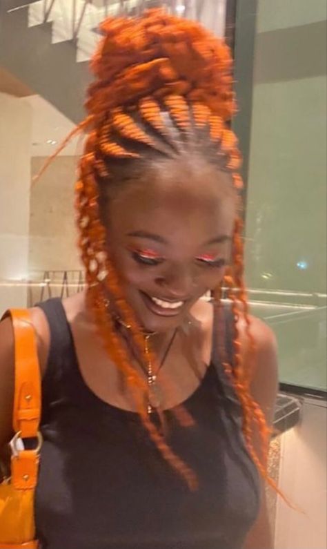 Orange And Black Braids, Orange Box Braids With Beads, Orange Hair Black Women Braids, Braids With Orange Beads, Orange Hair Black Women, Orange Dreads Black Women, Orange Braids, Hair Black Women, Protective Hair