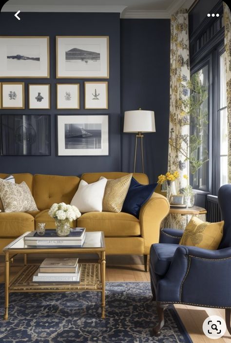 Dark Teal Furniture, Living Room Yellow Couch, Blue Gold Living Room, Blue And Mustard Living Room, Mustard Living Rooms, Snug Ideas, Blue And Gold Living Room, Blue And Yellow Living Room, Teal Furniture