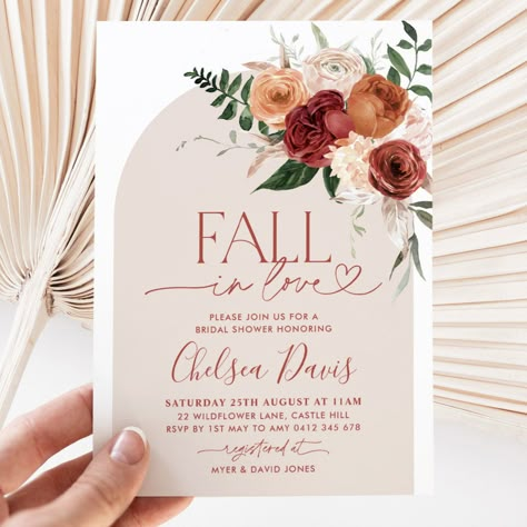 Fall In Love | A floral arch Bridal Shower invitation for your fall themed bridal shower. Falling In Love Wedding Shower Ideas, Bridal Shower Fall Ideas, Bridal Shower Ideas For November, Wedding Shower Boho Theme, Falling In Love Theme Bridal Showers, Fall In Love Bridal Shower Backdrop, Fall Floral Bridal Shower Ideas, Fall In Love Theme Bridal Showers, Fall In Love Bridal Shower Invitations