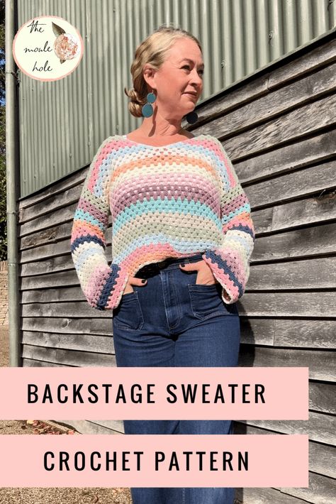 The Backstage Granny Sweater: A Colorful Stash-Busting Crochet Project – The Moule Hole Granny Sweater, Cardigan Sweater Pattern, Crochet Garments, Crochet Cardigan Free, Crochet Sweater Dress, Granny Stitch, Crochet Jumper, Glastonbury Festival, Garment Pattern