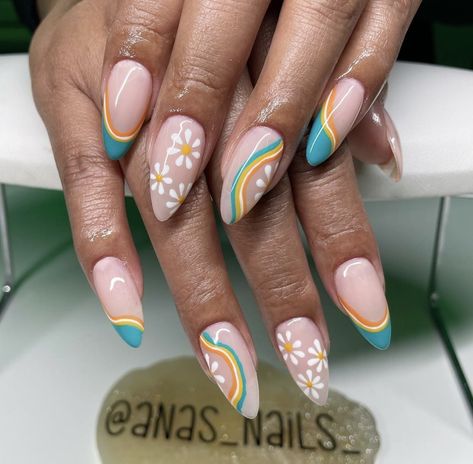 Daisy Nails with Colourful Swirls Groovy Daisy Nails, Dazed And Engaged Nails, 70’s Nails, Decades Dance, Bachelorette Nails, Engagement Nails, Daisy Nails, Hippie Flowers, Striped Nails