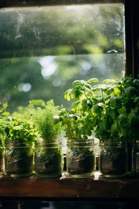 How To Create Your Own Mason Jar Herb Garden! - Mental Scoop Water Jar Plants, Mason Jars Aesthetic, Jar Herb Garden, Jar Garden, Mason Jar Herbs, Mason Jar Herb Garden, Miniature Cows, Plants In Jars, Indoor Herb