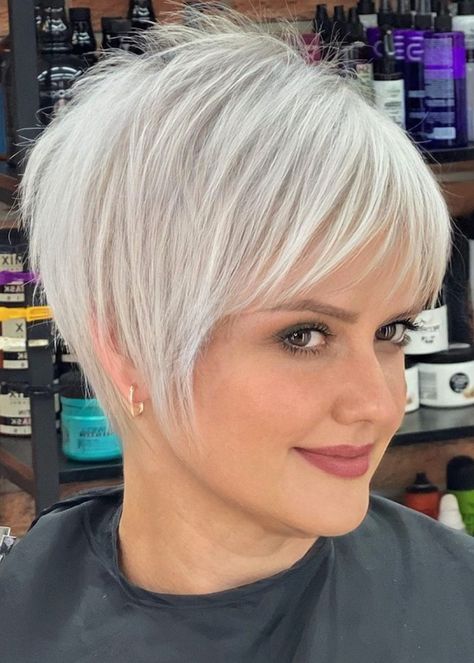 White Blonde Pixie with a Wispy Fringe White Blonde Pixie, Wispy Fringe, Short Blonde Pixie, Bangs Ideas, Curly Pixie Hairstyles, Short White Hair, Pixie Cut With Bangs, Pixie Bob Haircut, Short Grey Hair