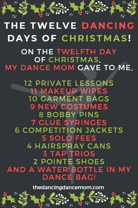 For Christmas, my Facebook page members helped me put together this song for dance families! Follow the link to hear my daughters (The Twisty Twins) and I sing it (please forgive my voice - it was built for sarcasm, not song). #christmas #christmassongs #12daysofchristmas #twelvedaysofchristmas #singalong #dance #dancefamilies #dancemoms #dancemom #bobbypins #privatelessons #costumes #dancesolos #tapdance #pointeshoes #waterbottle #hairspray #makeup #tagandshare Songs For Dance, The 12 Days Of Christmas, Dancing Day, Dance Mom, Makeup Wipes, Twelve Days Of Christmas, Tap Dance, 12 Days Of Christmas, Dance Moms