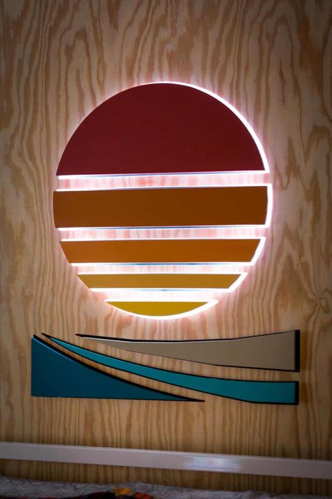 Sun Wall Art and Lighting Fixture by J&J Design Group - Trendir Plywood Lamp, Skateboard Culture, Decoration Surf, Sun Artwork, Deco Surf, J Design, Sun Wall Art, Basement Bedroom, Sun Sets