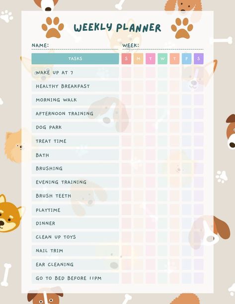 Dog Calendar, Dog Games, Weekly Calendar, Ear Cleaning, Trim Nails, Dog Park, Weekly Planner, Play Time, Dog Training