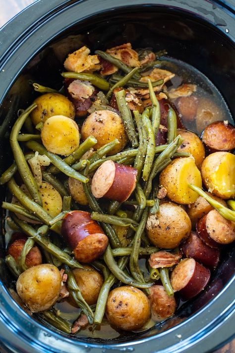 Crock Pot Sausage, Potatoes, and Green Beans Sausage Potatoes And Green Beans, Sausage Potatoes Green Beans, Crockpot Sausage And Potatoes, Crock Pot Sausage, Sausage And Green Beans, Crockpot Green Beans, Kielbasa And Potatoes, Green Beans Soup, Slow Cooker Green Beans