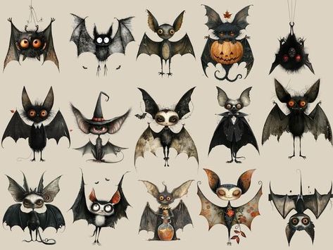 Whimsical Halloween Bat Clipart Bundle 25 Cute and Quirky Designs,for Halloween Crafts , Scrapbooking and More, Commercial Use - Etsy Cute Bats Cartoon, Halloween Bat Illustration, Spooky Halloween Painting, Halloween Art Drawing Illustrations, Gideon Cookies, Cute Bat Art, Bat Fabric, Halloween Decor Crafts, Halloween Illustration Art