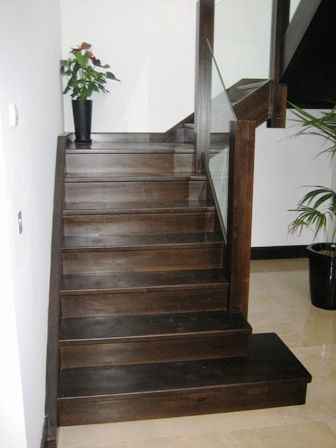 Dark Oak & Glass Dark Oak Staircase, Glass And Oak Staircase Ideas, Wood Staircase With Glass Railing, Stained Staircase, Wooden Glass Staircase, Staircase Design Wooden Glass Railing, Oak Staircase With Glass Balustrade, Basement Office, Basement Apartment