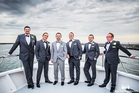 The many shades of Grey! Uses contrasting grey suits to make a unique groom party look! Heather Grey Allure and the Steel Grey Allure. Grey Wedding Suits, Gray Groomsmen, Suits Groomsmen, Wedding Groomsmen Attire, Groomsmen Grey, Yacht Wedding, Private Yacht, Cruise Wedding, Grey Wedding