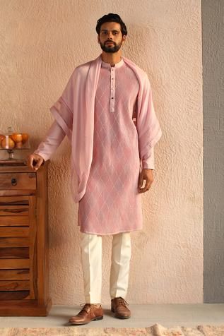 Shop for Philocaly Pink Silk Campari Embroidered Kurta for Men Online at Aza Fashions Pink Kurta For Men, Engagement Vibes, Kurta Designs Men's, Gold Highlight, Wedding Dresses Men Indian, Wedding Motifs, Red Kurta, Pink Kurta, Kurta For Men