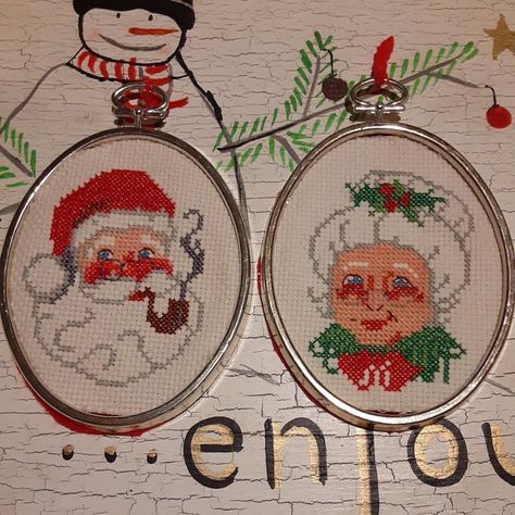 Vintage Homemade Cross Stitch Santa And Ms. Claus Ornaments Cross Stitch Santa, Ms Claus, Cross Stitch