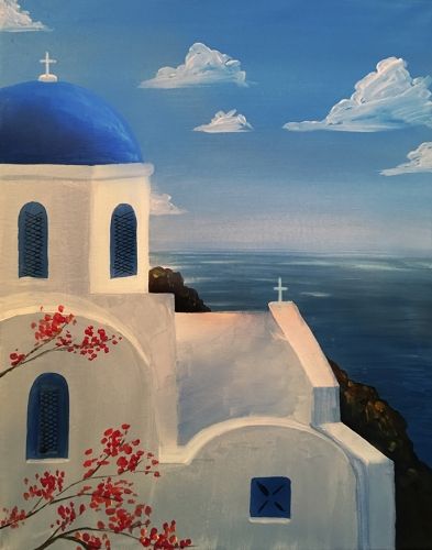 Santorini Painting, Greece Drawing, Greece Painting, Greek Paintings, Greece Art, Building Painting, Paint Nite, Canvas For Beginners, Easy Canvas Painting