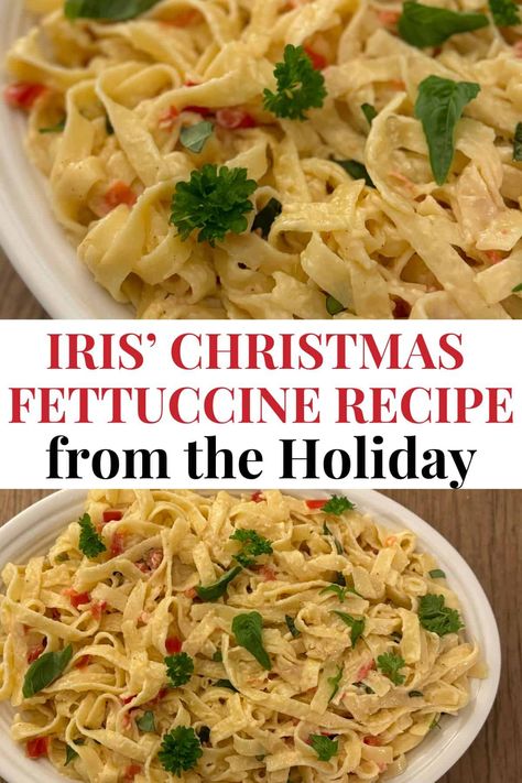 Make Iris’ Christmas Fettuccine from The Holiday this Christmas Eve! A creamy pasta with hints of tomato, basil, and white wine, perfect for a festive, cozy meal. Ready in just 30 minutes! #ChristmasDinner #HolidayRecipes #TheHoliday Christmas Eve Fettuccine, Christmas Fettucine The Holiday, Christmas Alfredo, Christmas Eve Pasta Dishes, Christmas Fettucine, Christmas Fettuccine, Christmas Pasta Dishes, Nigella Recipes, Christmas Spaghetti